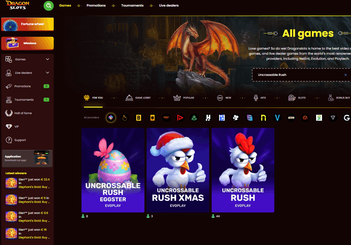 Dragonslots Casino – Uncrossable Rush con bono de bienvenida del 825% y 650 giros gratis